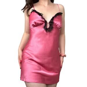 Vintage Flora Nikrooz Pink Satin Black Lace Rhinestone Mini Slip Dress Chemise